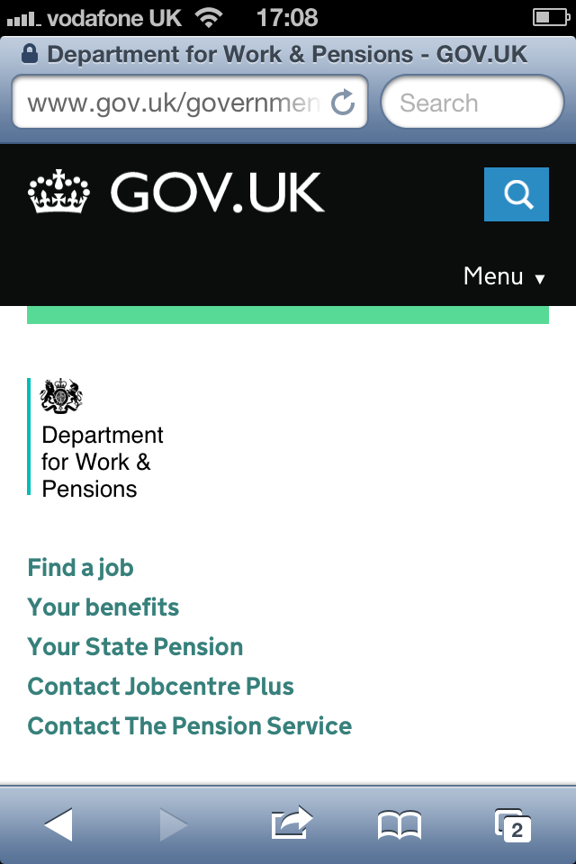 The DWP homepage on an iPhone
