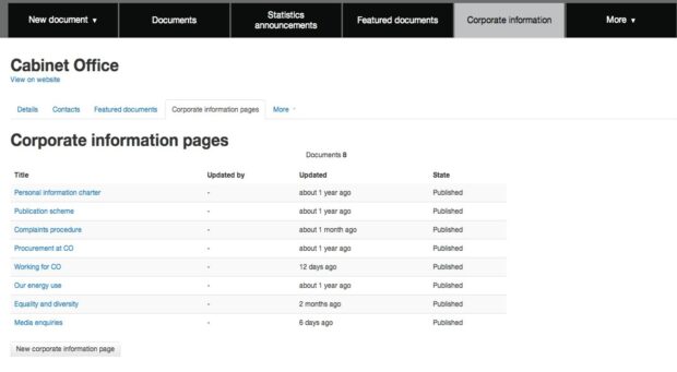 Corporate information page in the publishing tool