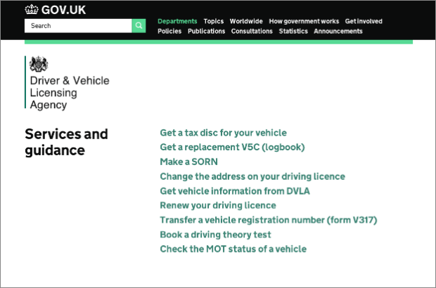 Screenshot of links to DVLA services