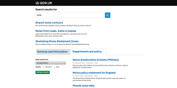 noise tabbed search GOV.UK