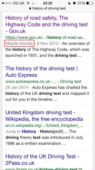 Google search results for mobile friendly sites