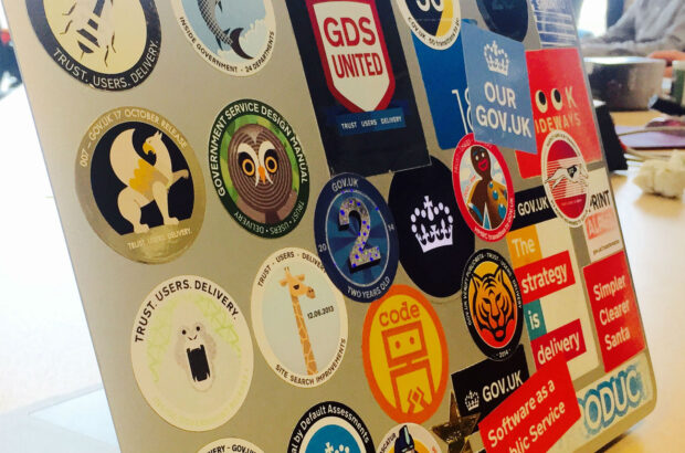 Mission patch stickers on a GDS laptop