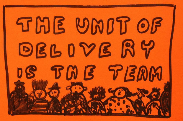 Post it note saying “The unit of delivery is the team” with a cartoon drawing of a team.