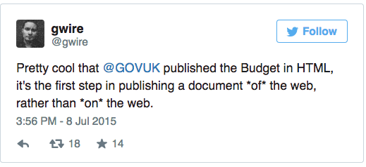 Pretty cool that @GOVUK published the Budget in HTML, it's the first step in publishing a document *of* the web, rather than *on* the web.