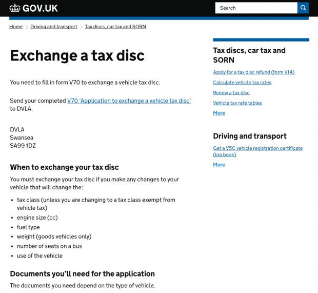 'Exchange a tax disc' on GOV.UK in 2014