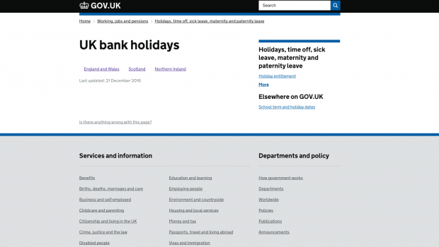 Broken bank holidays page