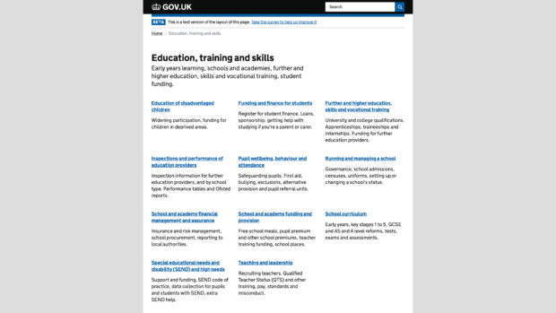 Screenshot of the new education, training and skills navigation page