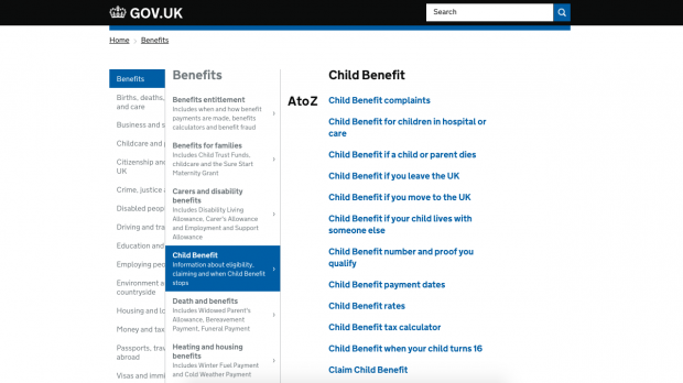 A screenshot from GOV.UK - example of similar titles from browsing the Child benefit menu