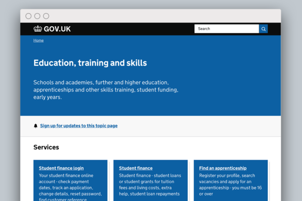 A screen shot of the 'Education, training and skills' topic page