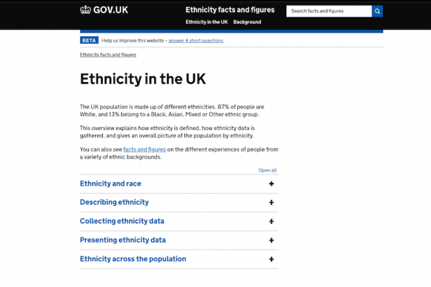 A screenshot of the ethnicity in the uk page