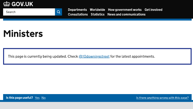 Screenshot of reshuffle mode for Ministers page on GOV.UK