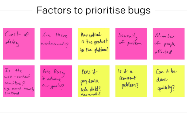 Post its with prioritisation factors