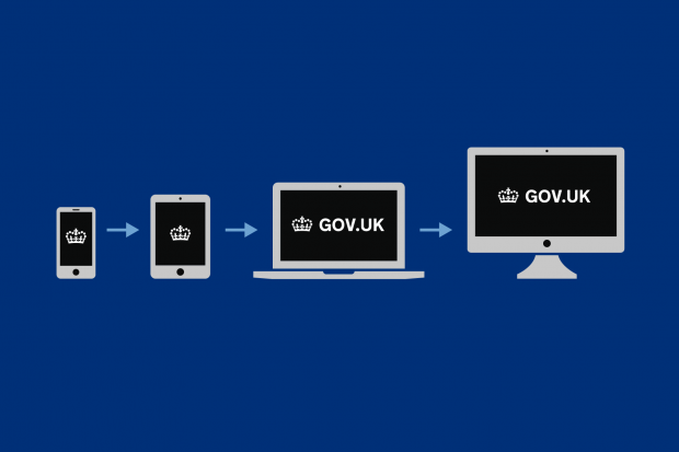 The GOV.UK crown logo on a smartphone, a tablet, a laptop and a desktop monitor with arrows between them.