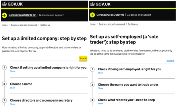 GOV.UK Step by Step for set up a limited company and set up as self-employed 