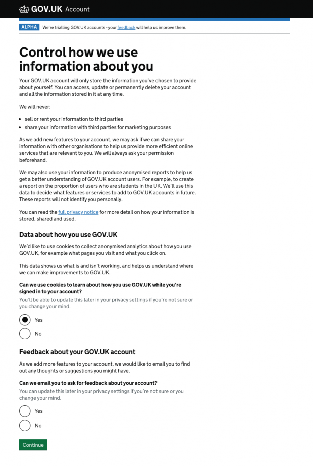 Screenshot of the privacy screen for the live experiment. Title on page is Control how we use information about you with 2 subheadings on Data about how you use GOV.UK and Feedback about your GOV.UK account. Both subheadings show radio buttons in use