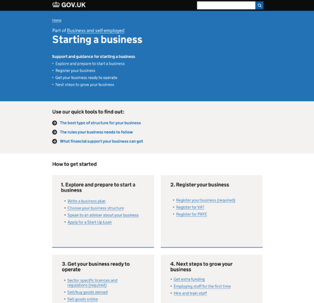 Screenshot of the hub page tested for starting a business