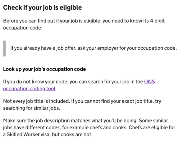 Screenshot from the ‘Your job’ chapter of the Skilled Worker visa guide, showing guidance explaining how to look up a job’s occupation code