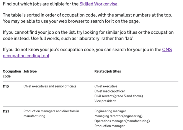 Screenshot from the guidance showing the table of all eligible jobs and their occupation codes