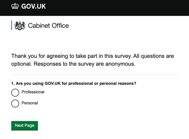 Screenshot of GOV.UK feedback survey, which notes that all questions are optional and responses to the survey are anonymous