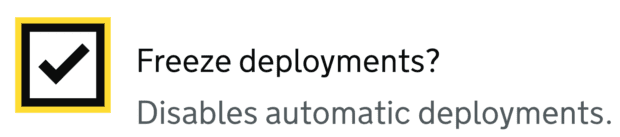 Screenshot of the GOV.UK Release app, which we use to monitor deployments. We added a new safety feature, “freeze deployments”, for the trial, which allows a developer to disable automatic deployments.