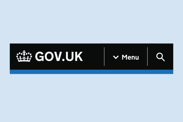 Screenshot of the GOV.UK menu showing the GOV.UK logo, a menu button with a chevron and a magnifying glass icon for search