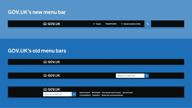 Screenshots showing GOV.UK’s new menu bar and the 3 older menu bar styles previously used on GOV.UK