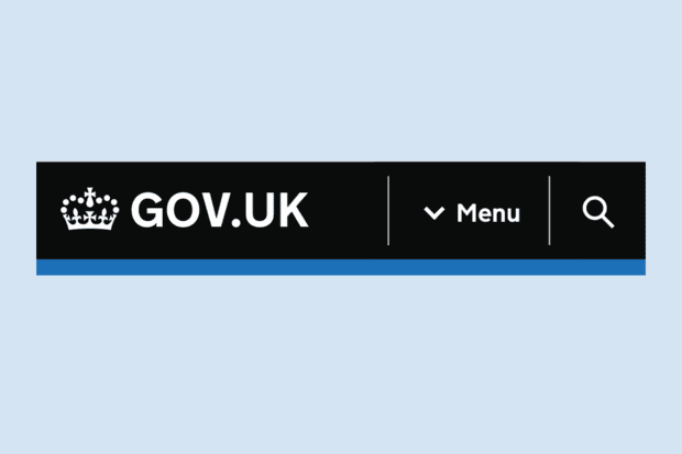 Screenshot of the GOV.UK menu showing the GOV.UK logo, a menu button with a chevron and a magnifying glass icon for search