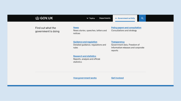 Screenshot showing the ‘Government activity’ menu item when expanded, this menu shows links to browse GOV.UK by content type.