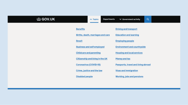 Screenshot showing the ‘Topics’ menu item when expanded, this menu shows links to browse GOV.UK by topic.