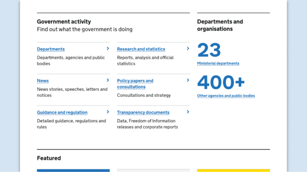 A graphic showing the new designs for homepage with "Government activity" as the title, and then News, Guidance and regulation, Transparency documents, Policy papers and consultations, Research and statistics as subheadings. Next to these are departments and organisations.