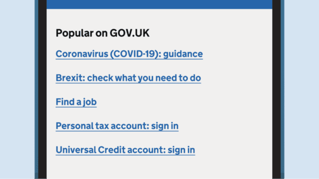 A graphic of a mobile phone showing the GOV.UK homepage with the "Popular on GOV.UK" content with increased spacing between the lines