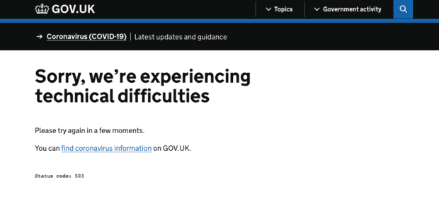 Screenshot of error page on GOV.UK, which explains that there are technical issues