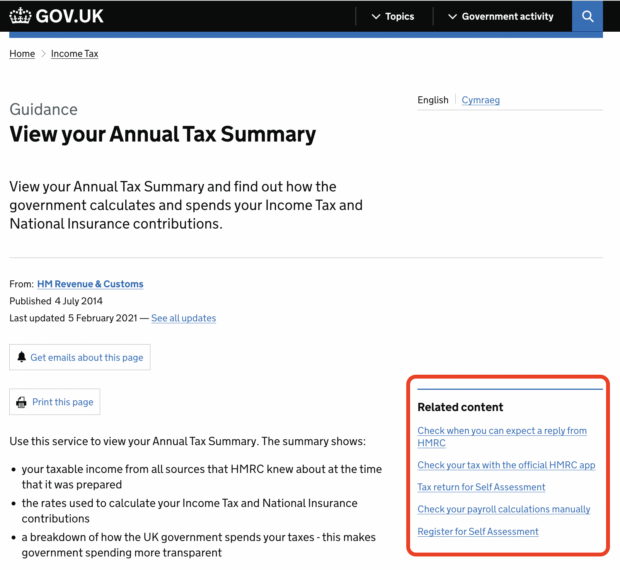 Screenshot of View your Annual Tax Summary page on GOV.UK with the Related content section highlighted by a red box showing 5 related links: Check when you can expect a replay from HMRC Check your tax with the official HMRC app Tax return for Self Assessment Check your payroll calculations manually Register for Self Assessment