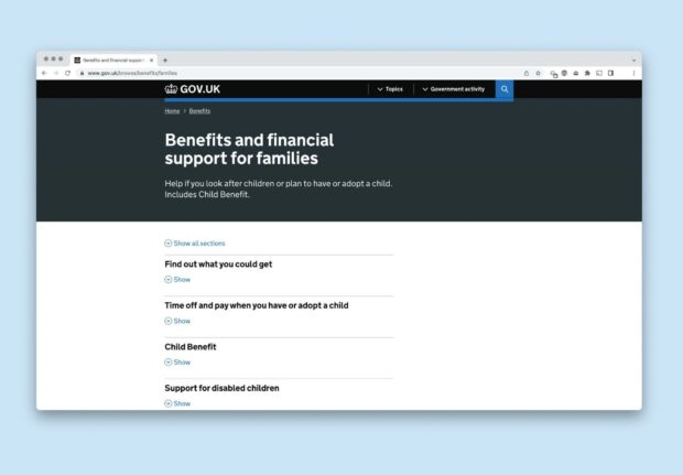 A graphic of the new topic page design showing "Benefits and financial support for families"