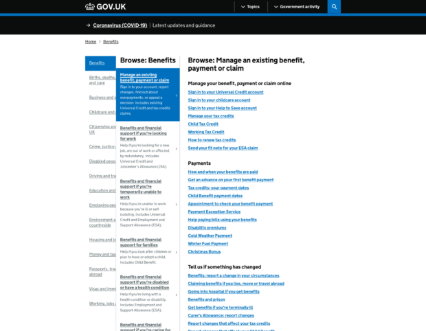 GOV.UK's previous 3 column browse interface for topics