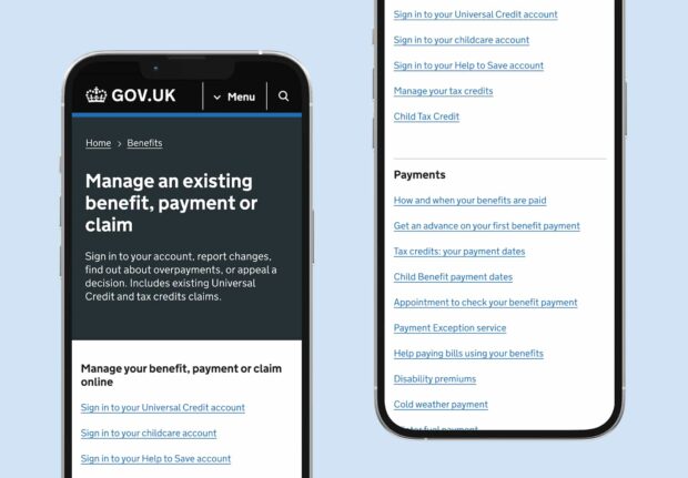 A graphic showing the Benefits topic page on GOV.UK split across 2 mobile phones