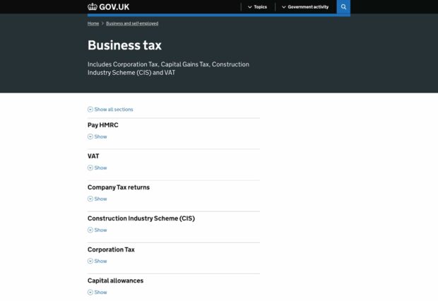 A screenshot of the Business tax topic page, with 6 subheadings with titles including: 'Pay HMRC' and 'VAT. These subheadings can be expanded to show content links using a blue link saying 'Show'.