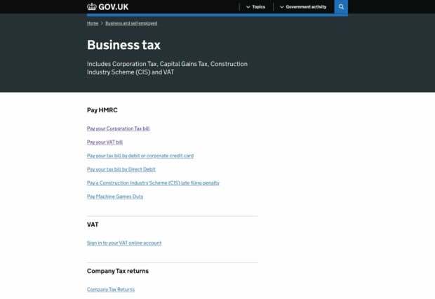 A screenshot of the Business tax topic page, showing 3 subheadings with titles including: 'Pay HMRC' and 'VAT. In this design there's a grey dividing between the subheading and a list of content links shown under each subheading.