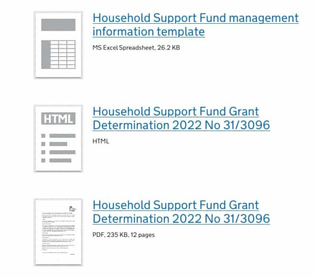Screenshot of section of the Household Support Fund: guidance for local councils page showing the different formats