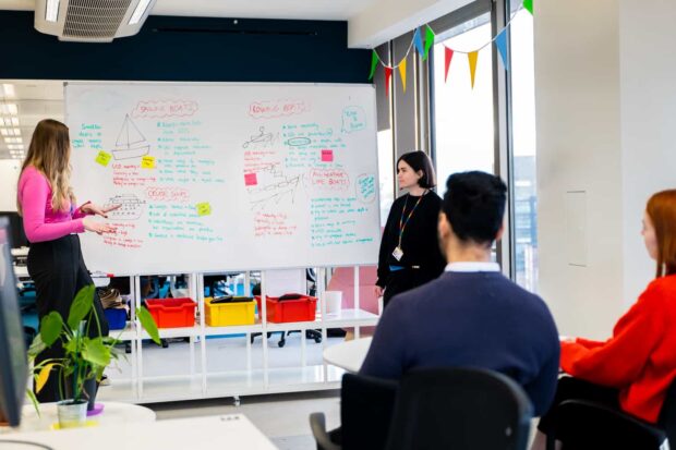 A picture of the authors using a whiteboard to lead a workshop