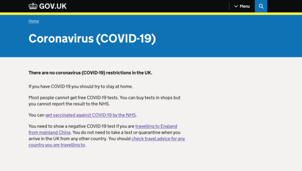 Screenshot of COVID-19 page after the improvements showing the "There are no coronavirus (COVID-19) restrictions in the UK." line