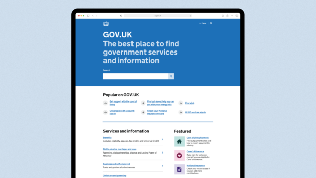 A graphic of the first half of the new GOV.UK homepage on a desktop screen showing the new header at the top, followed by the Popular on GOV.UK links. Below the Popular on GOV.UK links you can see the Services and information list and Featured list appearing next to each other in a 2/3 column grid.