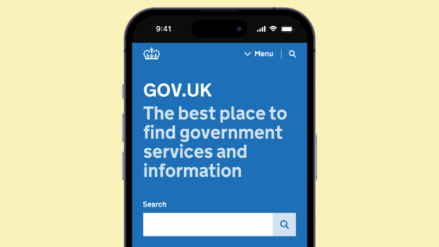 A graphic of the top part of mobile phone screen showing the new GOV.UK homepage's header. The header uses a blue background and includes the menu bar at the top followed by a tagline saying 'GOV.UK, The best place to find government services and information'. Below the tagline it's the search bar.