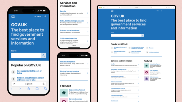 A graphic of 3 mobile phone screens and 1 desktop screen. The larger mobile screen shows the default view of the new GOV.UK homepage, which includes the menu bar, the header and the search bar followed by part of the Popular on GOV.UK links. The other two mobile screens are smaller and show the rest of the homepage scrolled down, including the first part of the Services and Information section and the Featured sections.