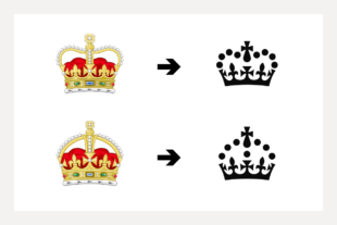 Image shows 2 rows. On the top row the top left image shows the St Edward's crown, and top right shows how that was represented on GOV.UK's logo. On the bottom row, the bottom left image shows the Tudor Crown and next to it shows how it is represented on GOV.UK's logo