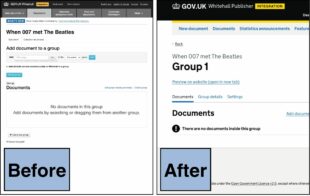 Two screenshots of Whitehall Publisher's document collection user interface, showing how it looked before the changes and afterwards, following an update that involved reimagining this part of the CMS