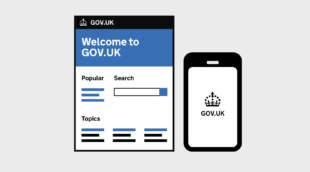 A graphic design illustration showing GOV.UK’s homepage, and the GOV.UK logo on a smartphone screen.