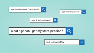 A graphic showing various queries typed into the GOV.UK site search field against a mint green coloured background.