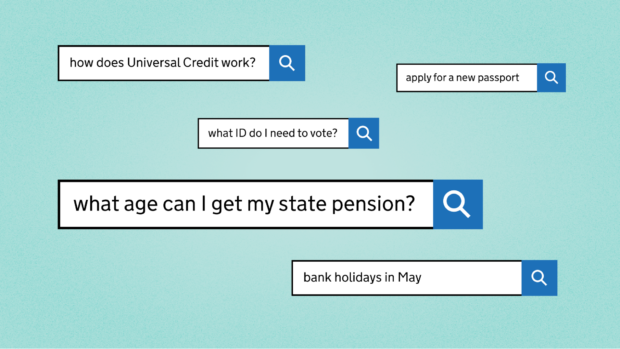 A graphic showing various queries typed into the GOV.UK site search field against a mint green coloured background.