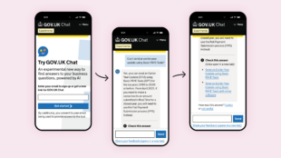 Three images of smartphone screens showing an example question and answer in GOV.UK Chat